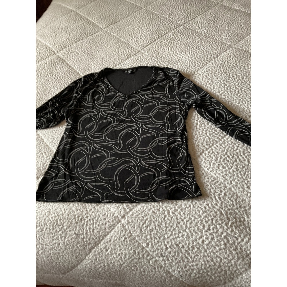 Briggs New York Top Womens L Black Excellent Circle Print V-Neck Long Sleeve